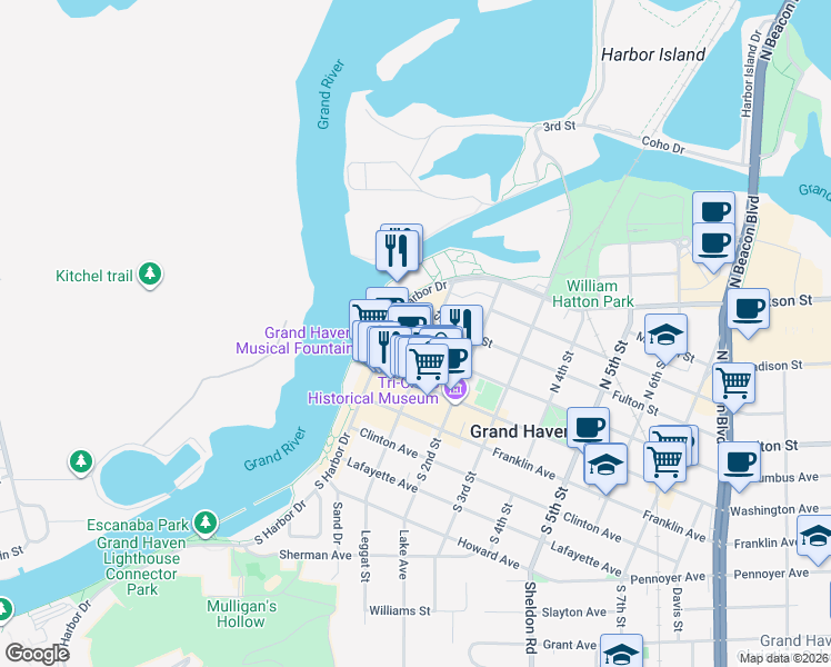 map of restaurants, bars, coffee shops, grocery stores, and more near 114 North Harbor Drive in Grand Haven