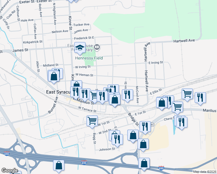 map of restaurants, bars, coffee shops, grocery stores, and more near 403 North Center Street in East Syracuse