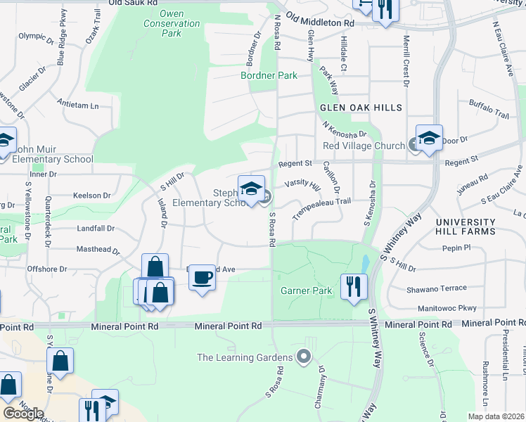 map of restaurants, bars, coffee shops, grocery stores, and more near 120 South Rosa Road in Madison
