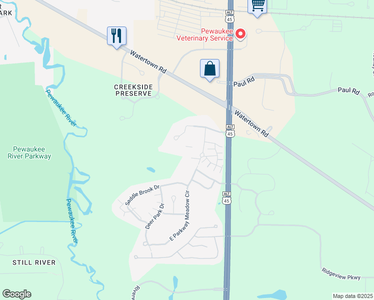 map of restaurants, bars, coffee shops, grocery stores, and more near w241n2533 East Parkway Meadow Circle in Pewaukee