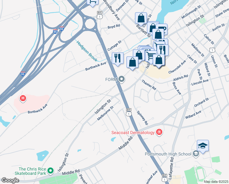 map of restaurants, bars, coffee shops, grocery stores, and more near 1137 Islington Street in Portsmouth