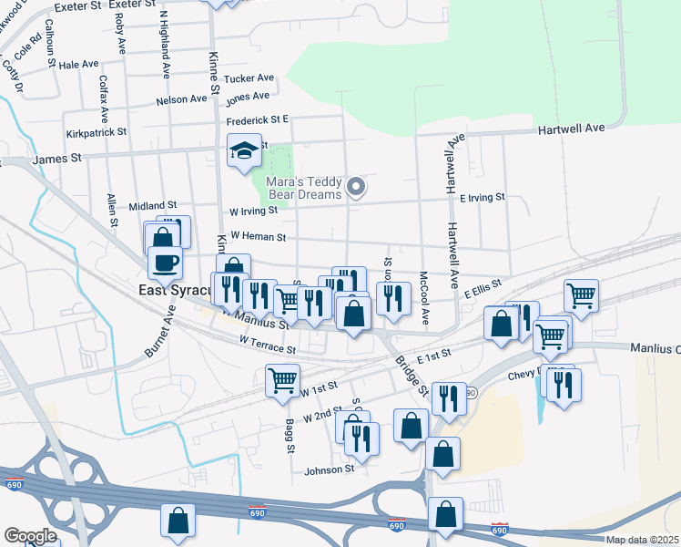 map of restaurants, bars, coffee shops, grocery stores, and more near 403 North Center Street in East Syracuse