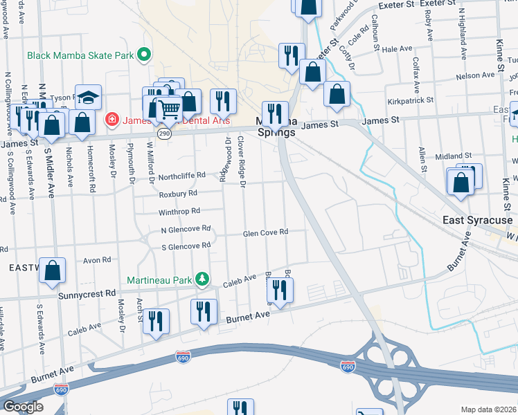 map of restaurants, bars, coffee shops, grocery stores, and more near 216 Burns Avenue in Syracuse