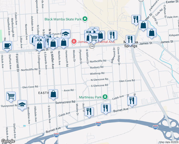 map of restaurants, bars, coffee shops, grocery stores, and more near 223 West Milford Drive in Syracuse