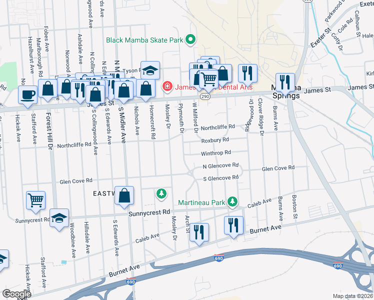 map of restaurants, bars, coffee shops, grocery stores, and more near 213 Plymouth Drive in Syracuse