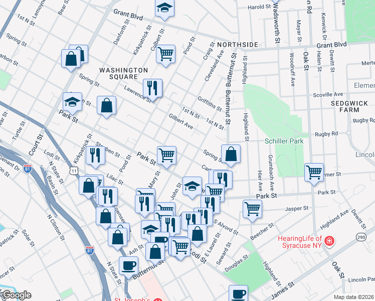 map of restaurants, bars, coffee shops, grocery stores, and more near 307 Spring Street in Syracuse