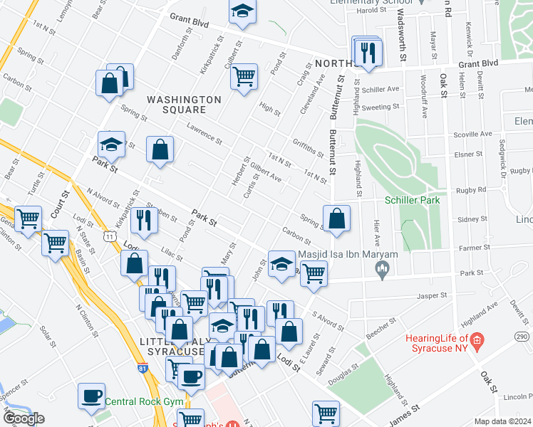 map of restaurants, bars, coffee shops, grocery stores, and more near 307 Spring Street in Syracuse