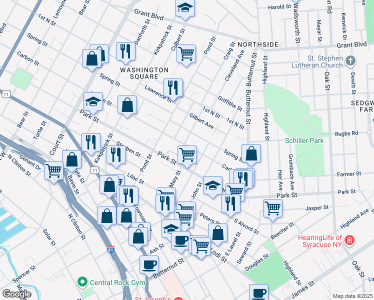 map of restaurants, bars, coffee shops, grocery stores, and more near 516 Carbon Street in Syracuse