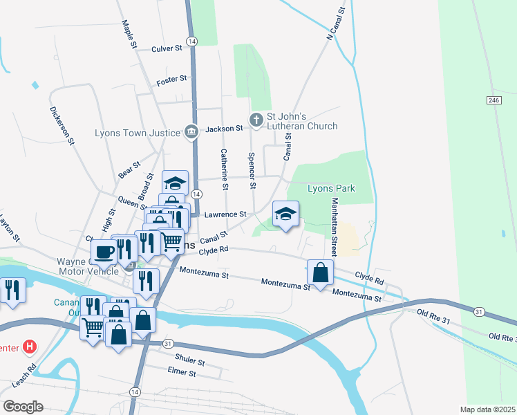 map of restaurants, bars, coffee shops, grocery stores, and more near 15 Spencer Street in Lyons