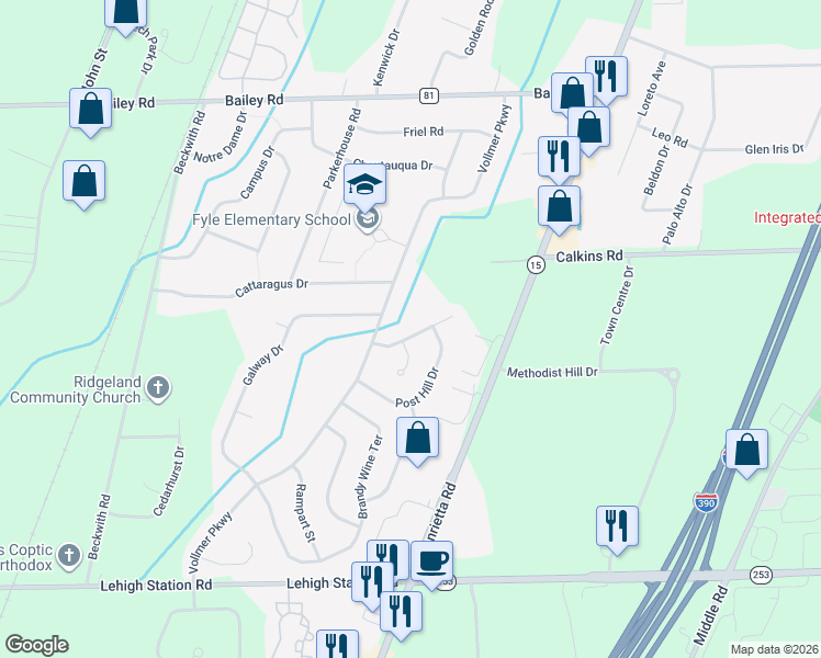 map of restaurants, bars, coffee shops, grocery stores, and more near 24 Shamrock Drive in Rochester