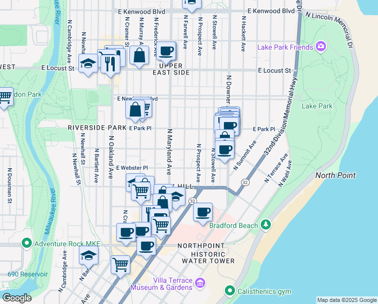 map of restaurants, bars, coffee shops, grocery stores, and more near 2617 North Farwell Avenue in Milwaukee