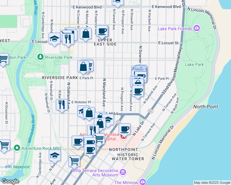map of restaurants, bars, coffee shops, grocery stores, and more near 2617 North Farwell Avenue in Milwaukee