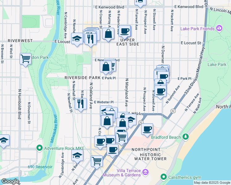 map of restaurants, bars, coffee shops, grocery stores, and more near 2612 North Murray Avenue in Milwaukee