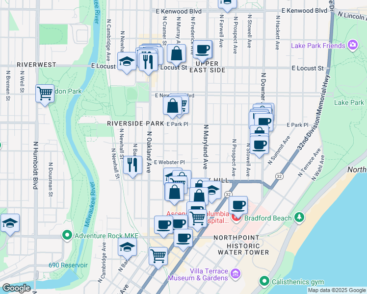 map of restaurants, bars, coffee shops, grocery stores, and more near 2612 North Murray Avenue in Milwaukee