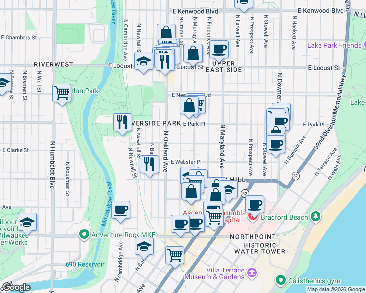 map of restaurants, bars, coffee shops, grocery stores, and more near 1904 East Belleview Place in Milwaukee