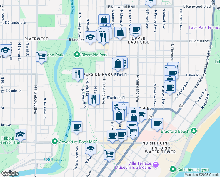 map of restaurants, bars, coffee shops, grocery stores, and more near 2595 North Cramer Street in Milwaukee