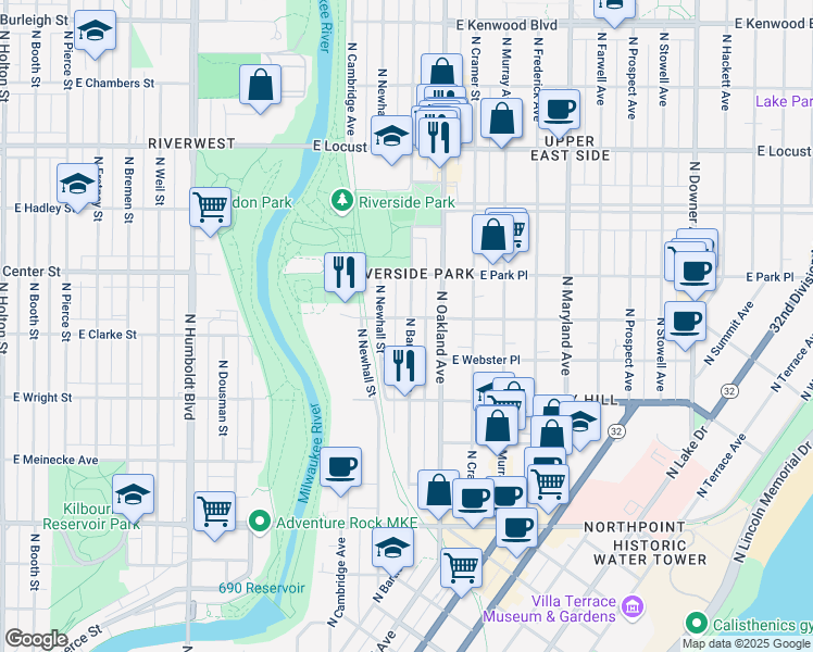 map of restaurants, bars, coffee shops, grocery stores, and more near 2613 North Bartlett Avenue in Milwaukee