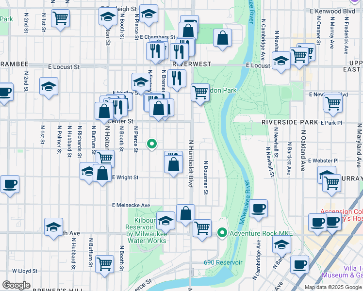 map of restaurants, bars, coffee shops, grocery stores, and more near 2639 North Humboldt Boulevard in Milwaukee