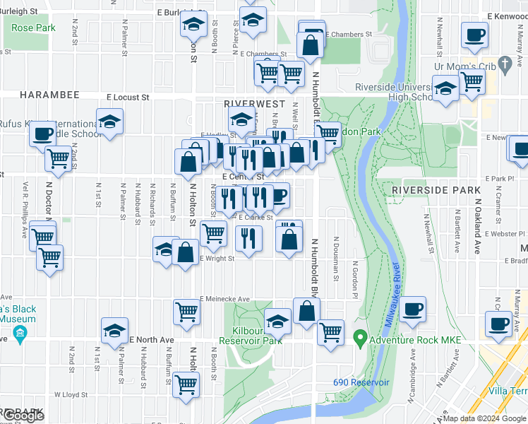 map of restaurants, bars, coffee shops, grocery stores, and more near 2638 North Fratney Street in Milwaukee