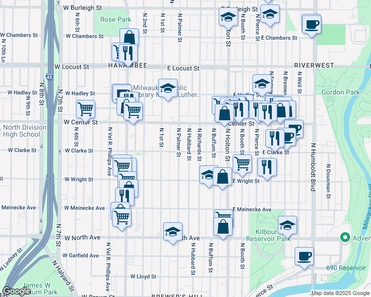 map of restaurants, bars, coffee shops, grocery stores, and more near 2633-2635 North Hubbard Street in Milwaukee