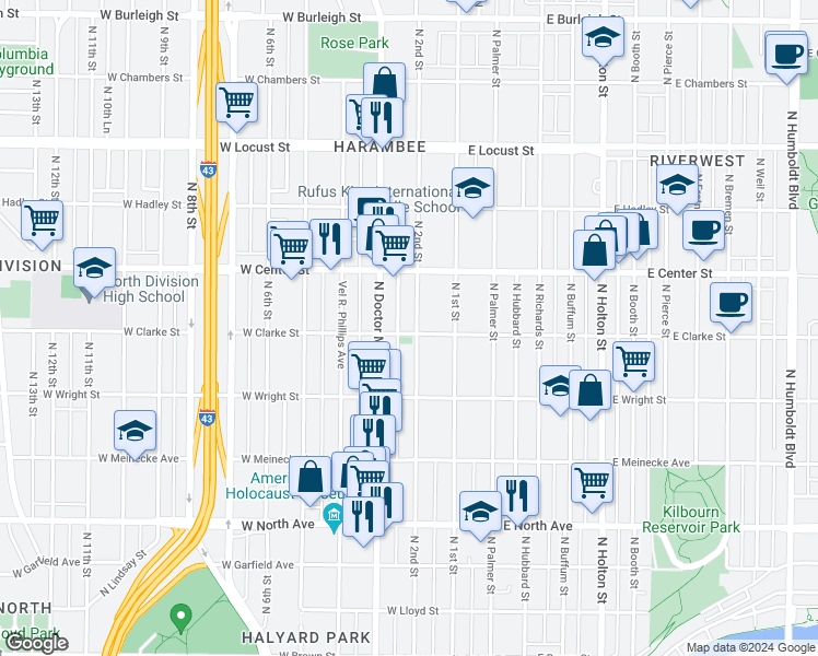 map of restaurants, bars, coffee shops, grocery stores, and more near 2638 North Doctor Martin Luther King Junior Drive in Milwaukee