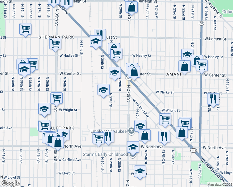 map of restaurants, bars, coffee shops, grocery stores, and more near 2816 West Clarke Street in Milwaukee