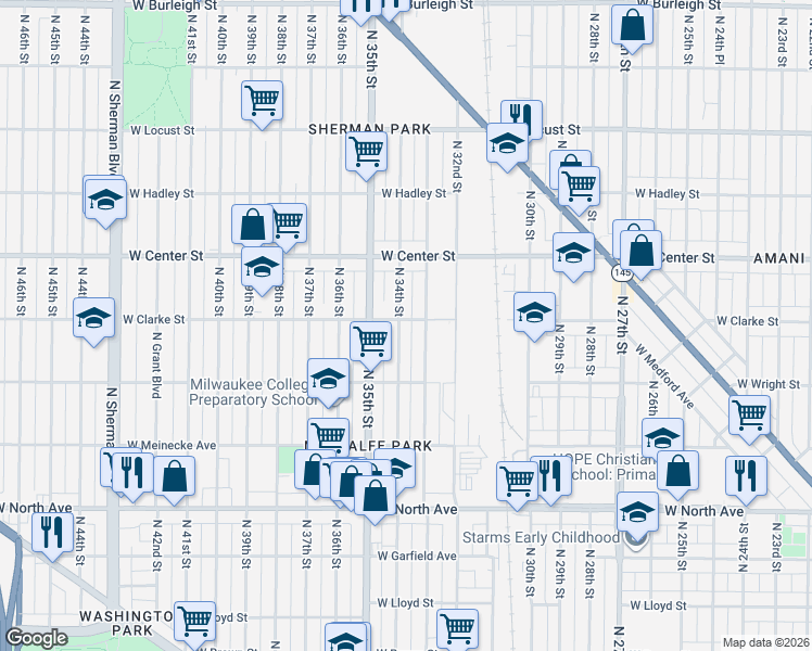 map of restaurants, bars, coffee shops, grocery stores, and more near 2619 North 33rd Street in Milwaukee