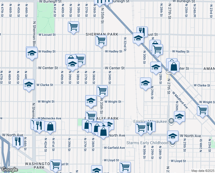 map of restaurants, bars, coffee shops, grocery stores, and more near 2614 North 35th Street in Milwaukee