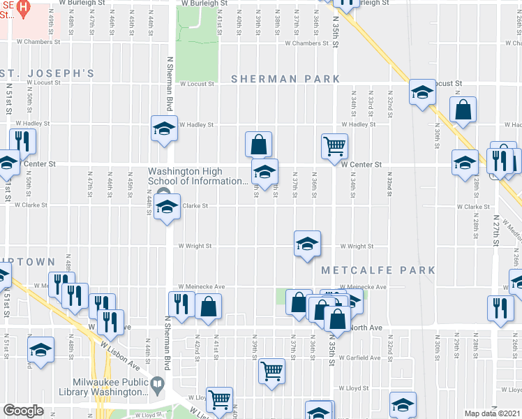 map of restaurants, bars, coffee shops, grocery stores, and more near 2623 North 38th Street in Milwaukee