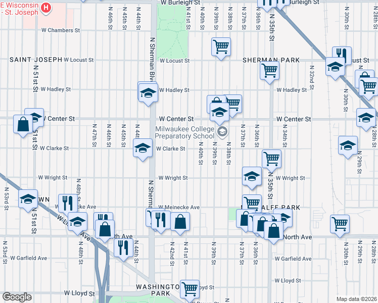 map of restaurants, bars, coffee shops, grocery stores, and more near 2614 North 41st Street in Milwaukee