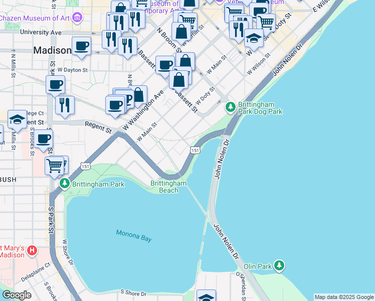 map of restaurants, bars, coffee shops, grocery stores, and more near 302 South Bedford Street in Madison