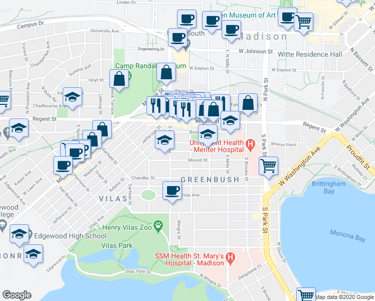 map of restaurants, bars, coffee shops, grocery stores, and more near 44 South Orchard Street in Madison