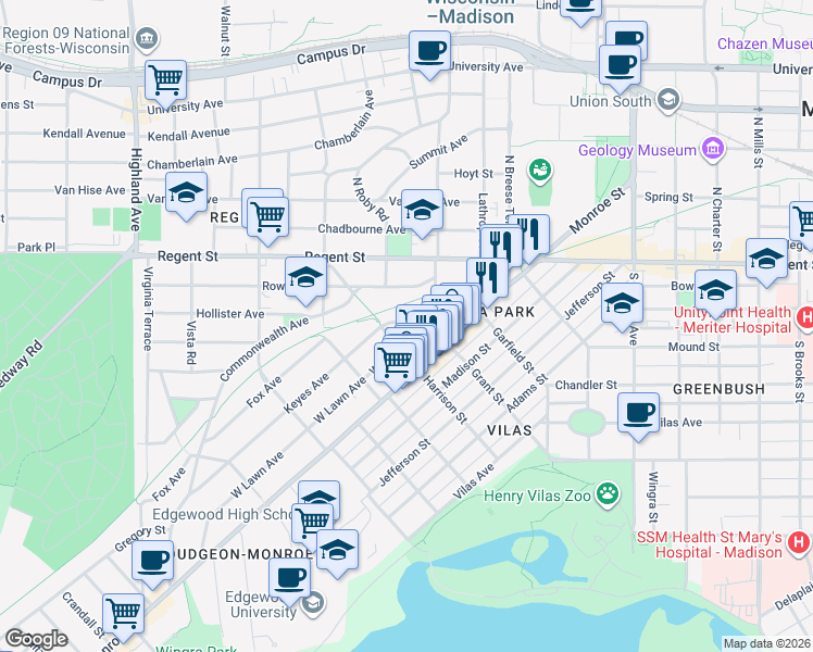 map of restaurants, bars, coffee shops, grocery stores, and more near 1816 Keyes Avenue in Madison
