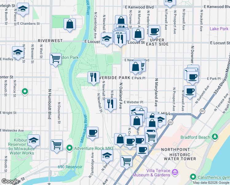 map of restaurants, bars, coffee shops, grocery stores, and more near 2613 North Bartlett Avenue in Milwaukee
