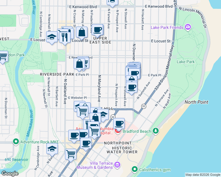 map of restaurants, bars, coffee shops, grocery stores, and more near 2303 East Belleview Place in Milwaukee