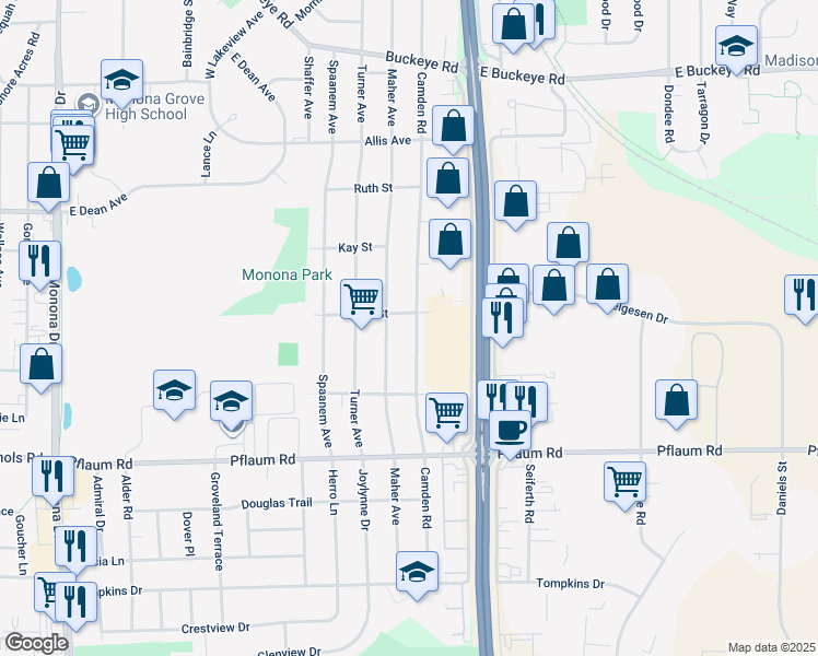map of restaurants, bars, coffee shops, grocery stores, and more near 5105 Camden Road in Madison
