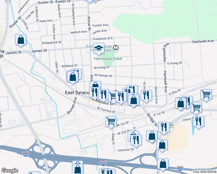 map of restaurants, bars, coffee shops, grocery stores, and more near 209 East Yates Street in East Syracuse