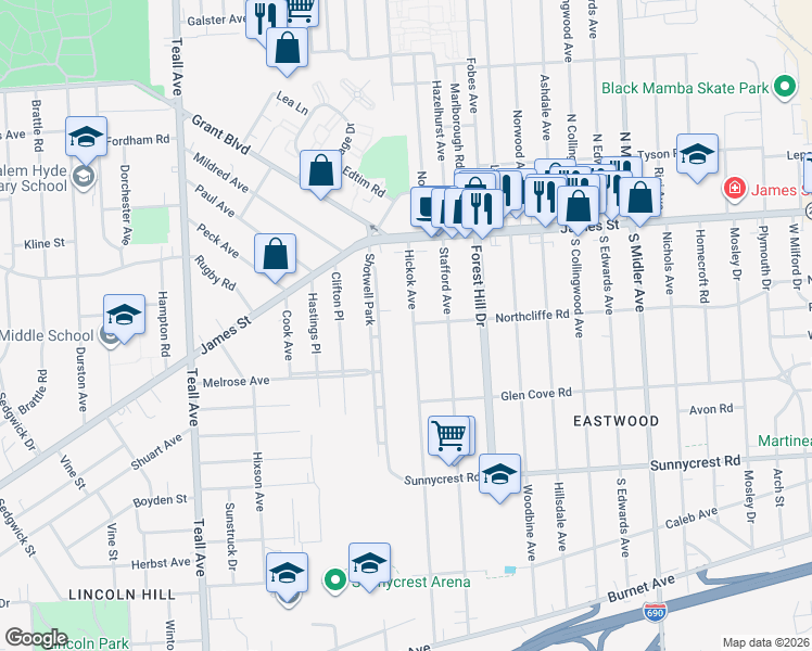 map of restaurants, bars, coffee shops, grocery stores, and more near 200 Hickok Avenue in Syracuse