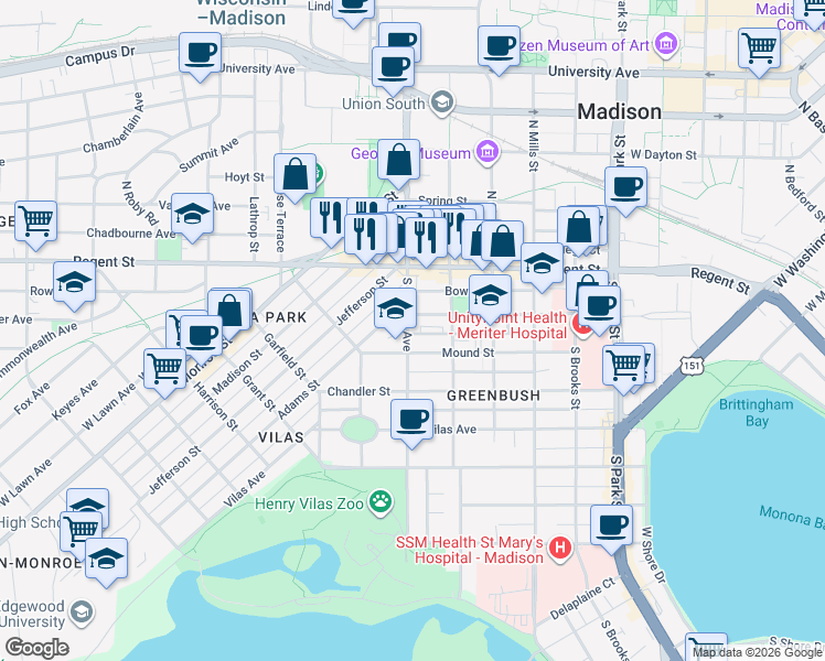 map of restaurants, bars, coffee shops, grocery stores, and more near 115 South Randall Avenue in Madison
