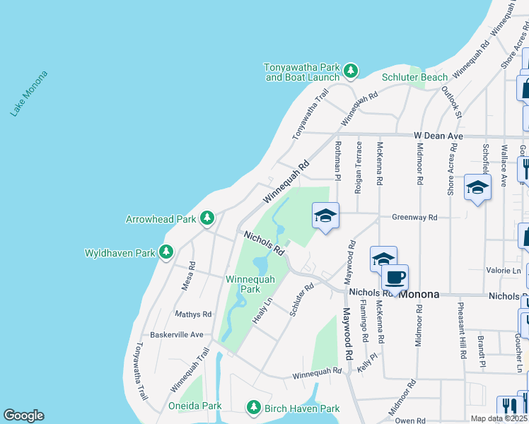 map of restaurants, bars, coffee shops, grocery stores, and more near 4907 Winnequah Road in Monona