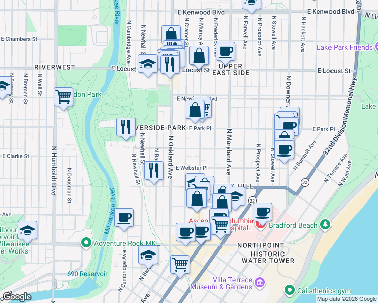 map of restaurants, bars, coffee shops, grocery stores, and more near 1904 East Belleview Place in Milwaukee