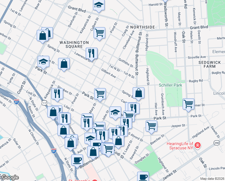 map of restaurants, bars, coffee shops, grocery stores, and more near 307 Spring Street in Syracuse