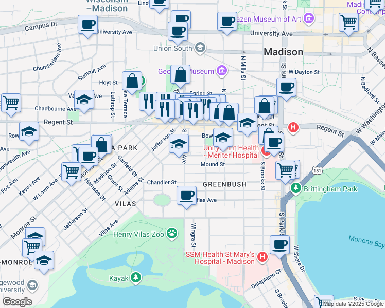 map of restaurants, bars, coffee shops, grocery stores, and more near 1320 St James Ct in Madison