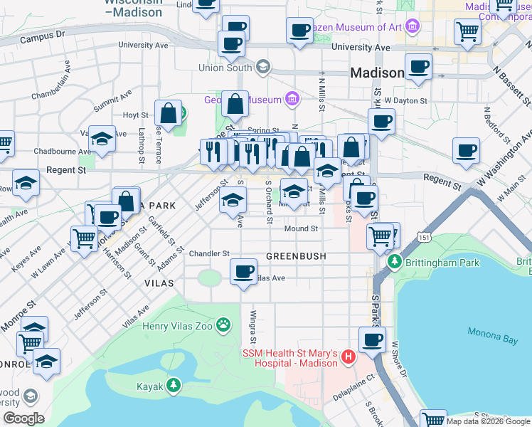map of restaurants, bars, coffee shops, grocery stores, and more near 112 South Orchard Street in Madison