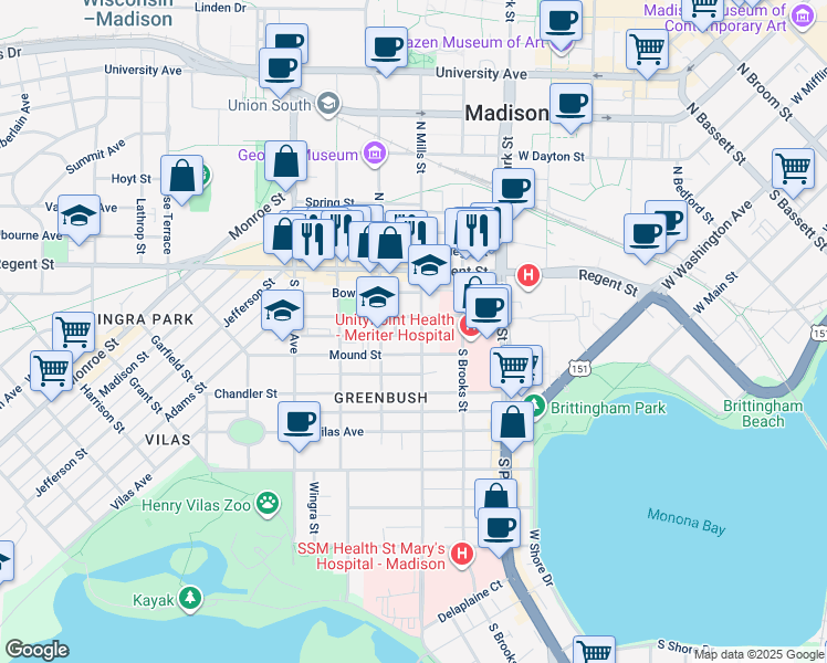 map of restaurants, bars, coffee shops, grocery stores, and more near 112 South Mills Street in Madison