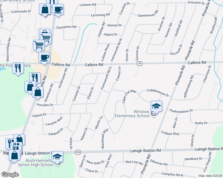 map of restaurants, bars, coffee shops, grocery stores, and more near Colony Ln & Quaker Dr in Rochester
