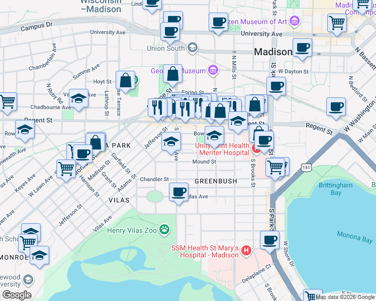 map of restaurants, bars, coffee shops, grocery stores, and more near 1316 St James Ct in Madison