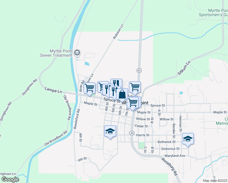 map of restaurants, bars, coffee shops, grocery stores, and more near 501 Alder Street in Myrtle Point