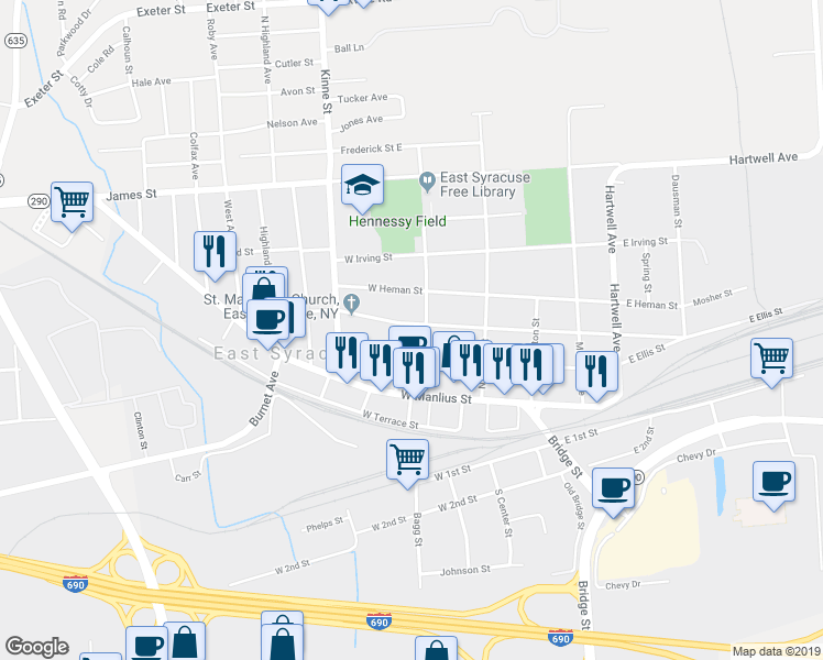map of restaurants, bars, coffee shops, grocery stores, and more near 206 East Yates Street in East Syracuse