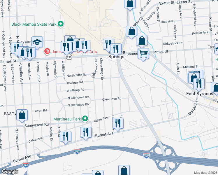map of restaurants, bars, coffee shops, grocery stores, and more near 216 Burns Avenue in Syracuse